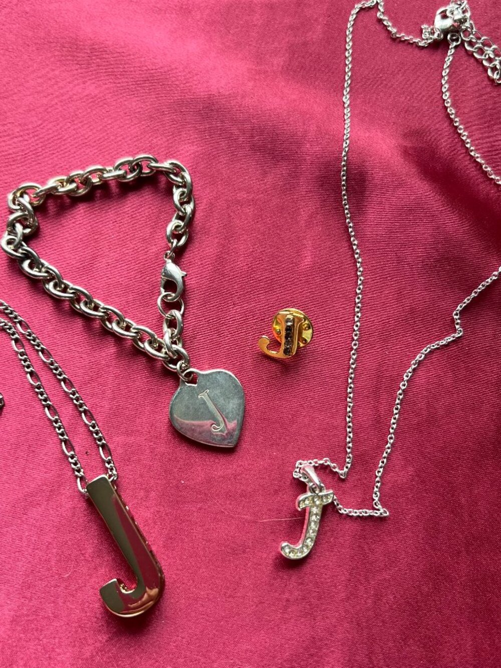 Mixed Lot 4pc Silver & Gold Tone J Necklaces Pendant Chain Charm, Unsigned